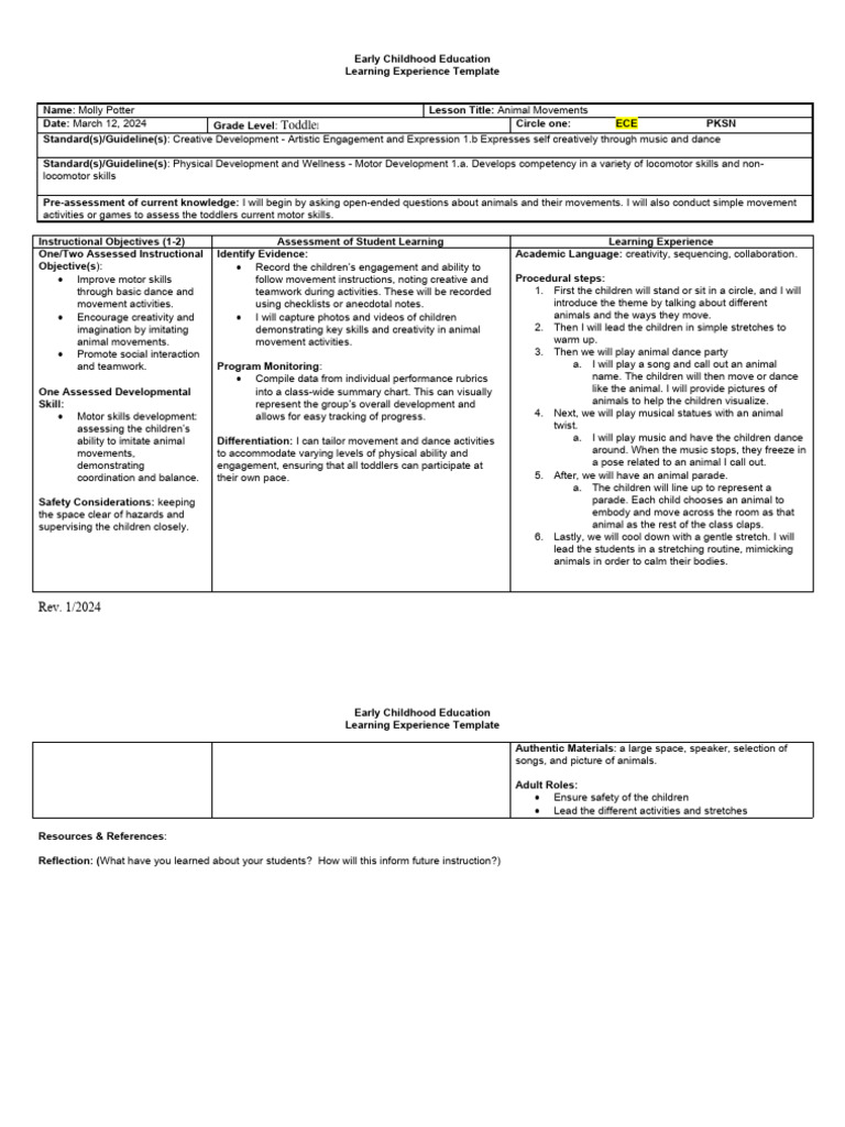 Movement and Dance Lesson Plan - T | PDF | Early Childhood Education ...
