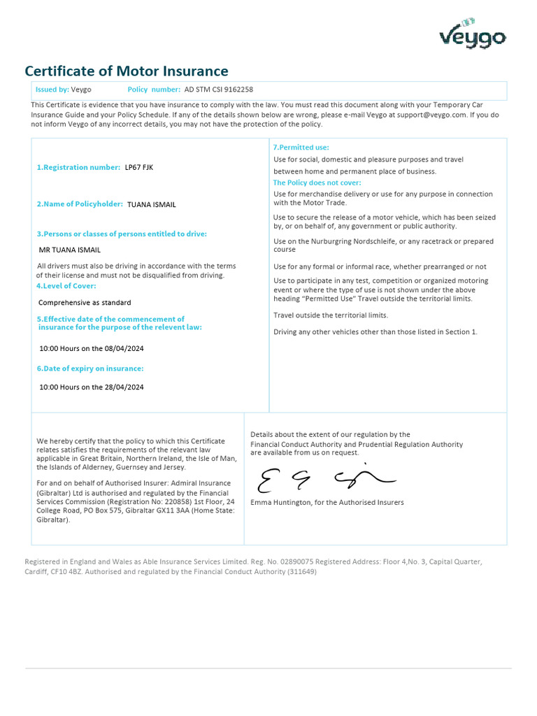 Motor Insurance Certificate Overview | PDF | Vehicle Insurance | Insurance