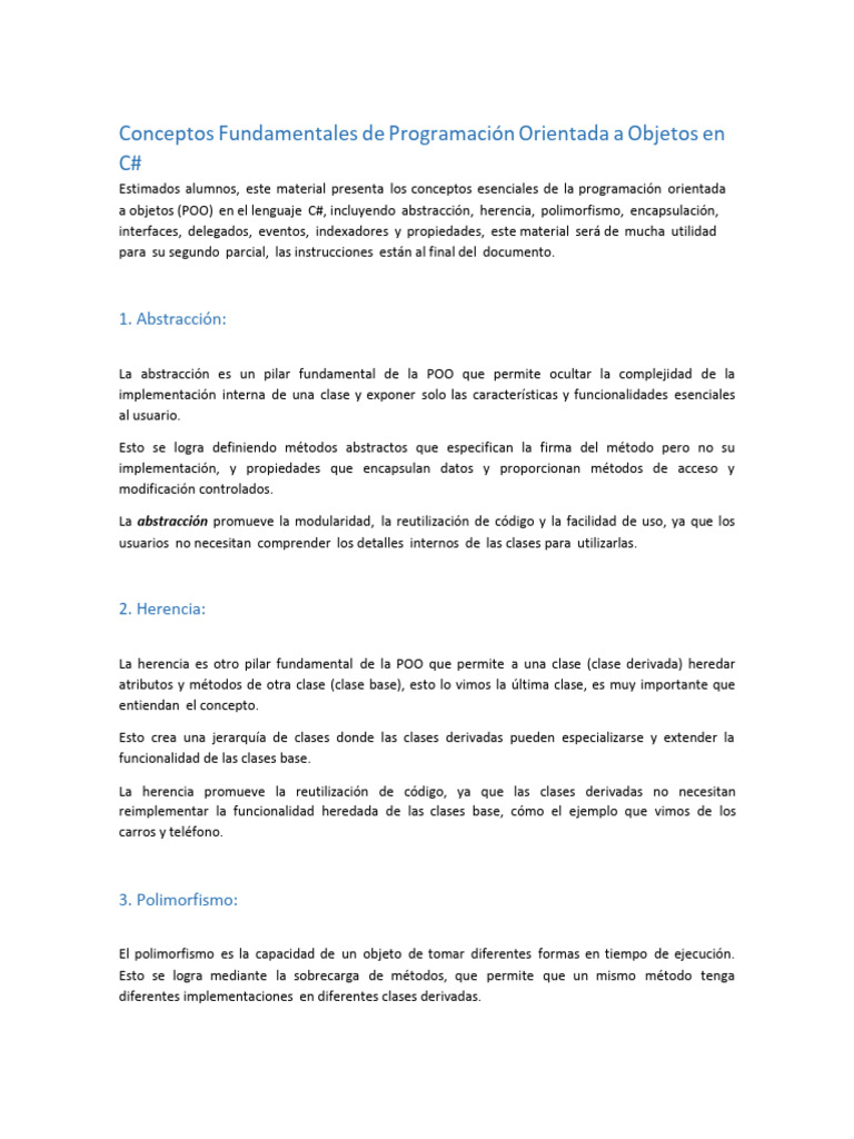 POO en C#: Conceptos Clave y Ejemplos | PDF | Programación orientada a ...