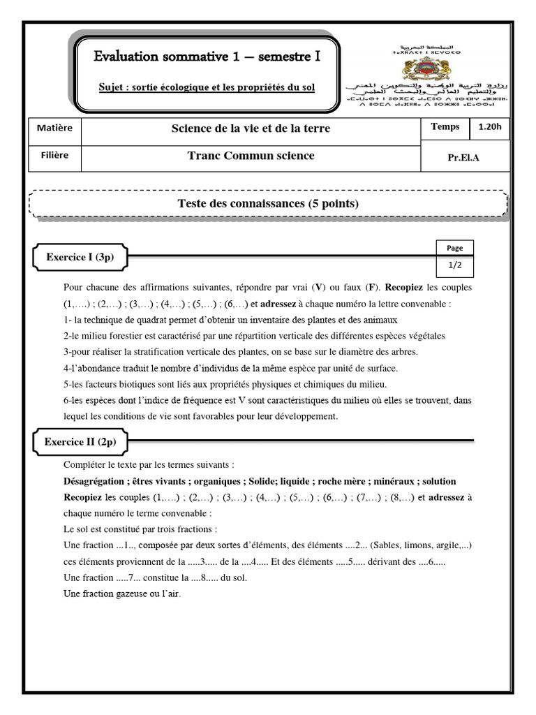 Évaluation Sommative SVT Tronc Commun | PDF | Sol (pédologie) | La nature
