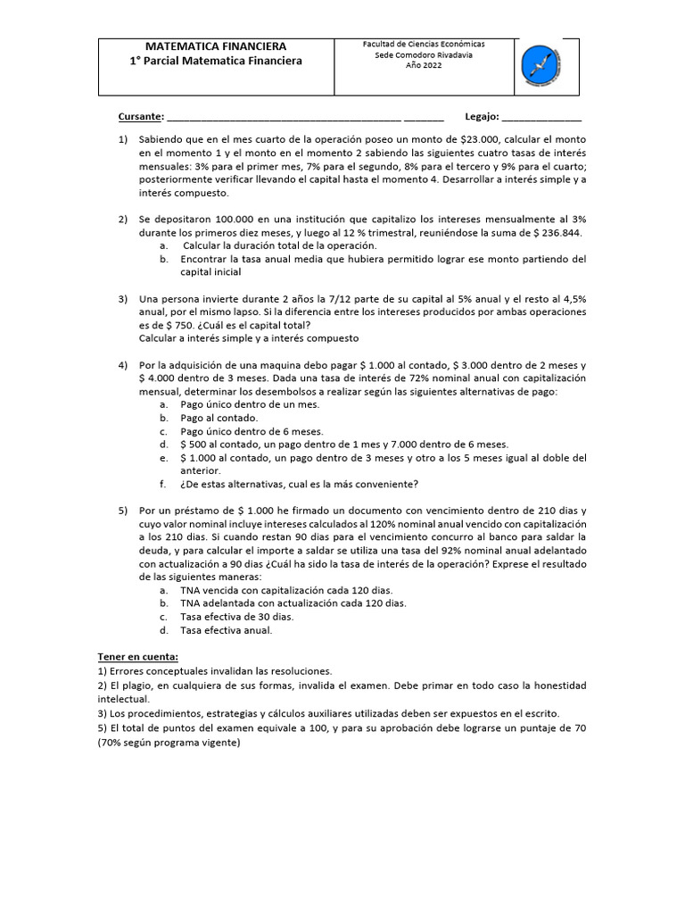 Ejercicios de Matemática Financiera | PDF | Finanzas Matemáticas ...