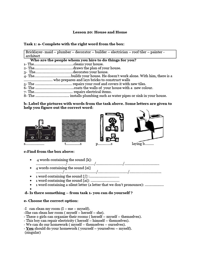 House and Home Lesson 20 Activities | PDF | Plumbing