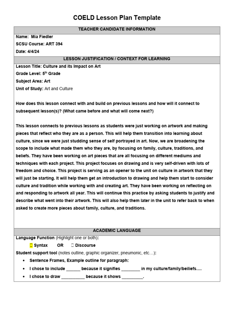 5th Grade Art Lesson on Culture | PDF | Educational Technology | Lesson ...