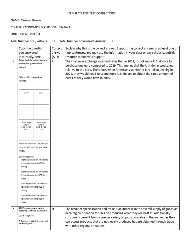 Test Corrections Template | Download Free PDF | Exchange Rate | United ...