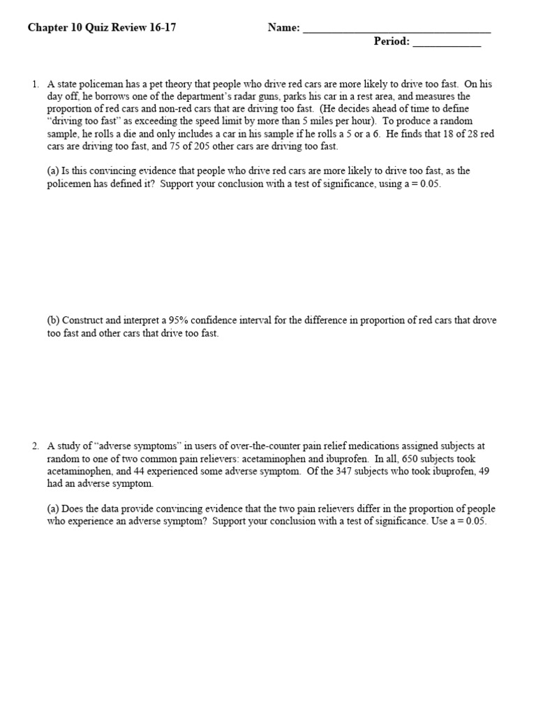 16 17 Chapter 10 Quiz Review Pdf P Value Statistical Hypothesis