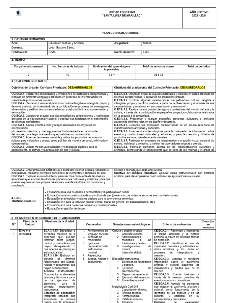 Plan Curricular Anual PCA 6 EGB | PDF | Ritmo | Plan de estudios