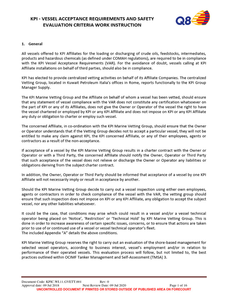 Vessel Acceptance and Performance Criteria | PDF | Legal Liability | Safety