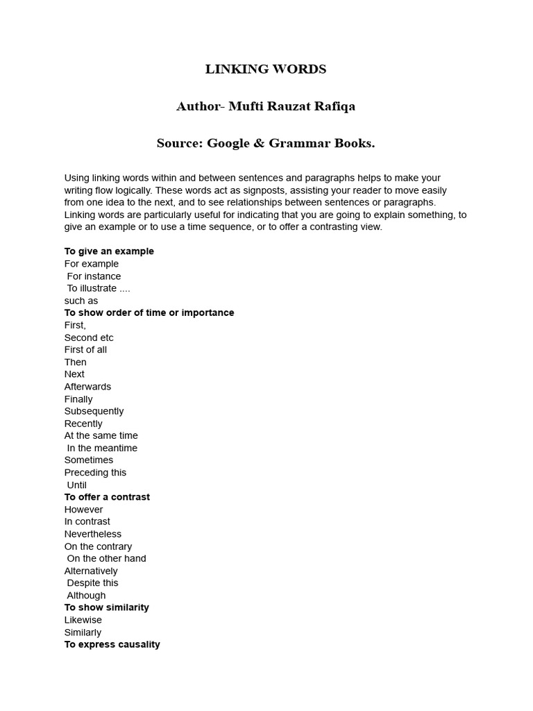 Essential Linking Words for Writing | PDF | Sentence (Linguistics ...