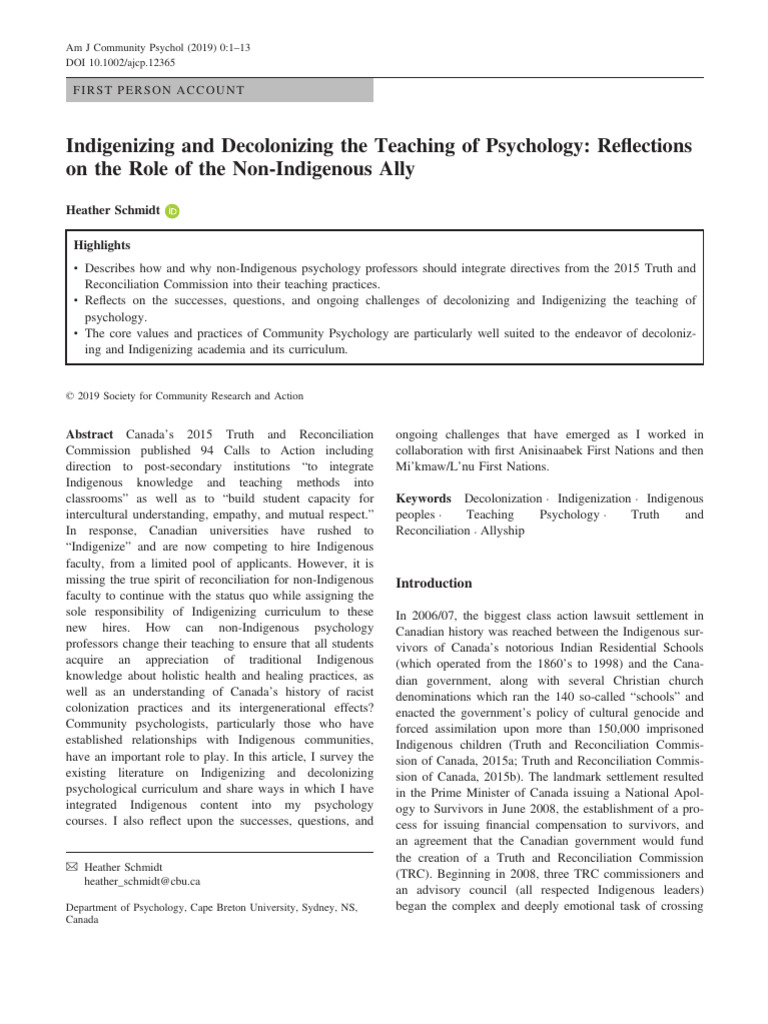 Indigenizing And Decolonizing The Teaching Of Psychology Reflections