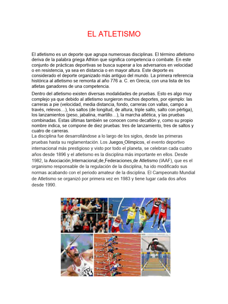 Historia y modalidades del atletismo | PDF | Deporte del atletismo ...