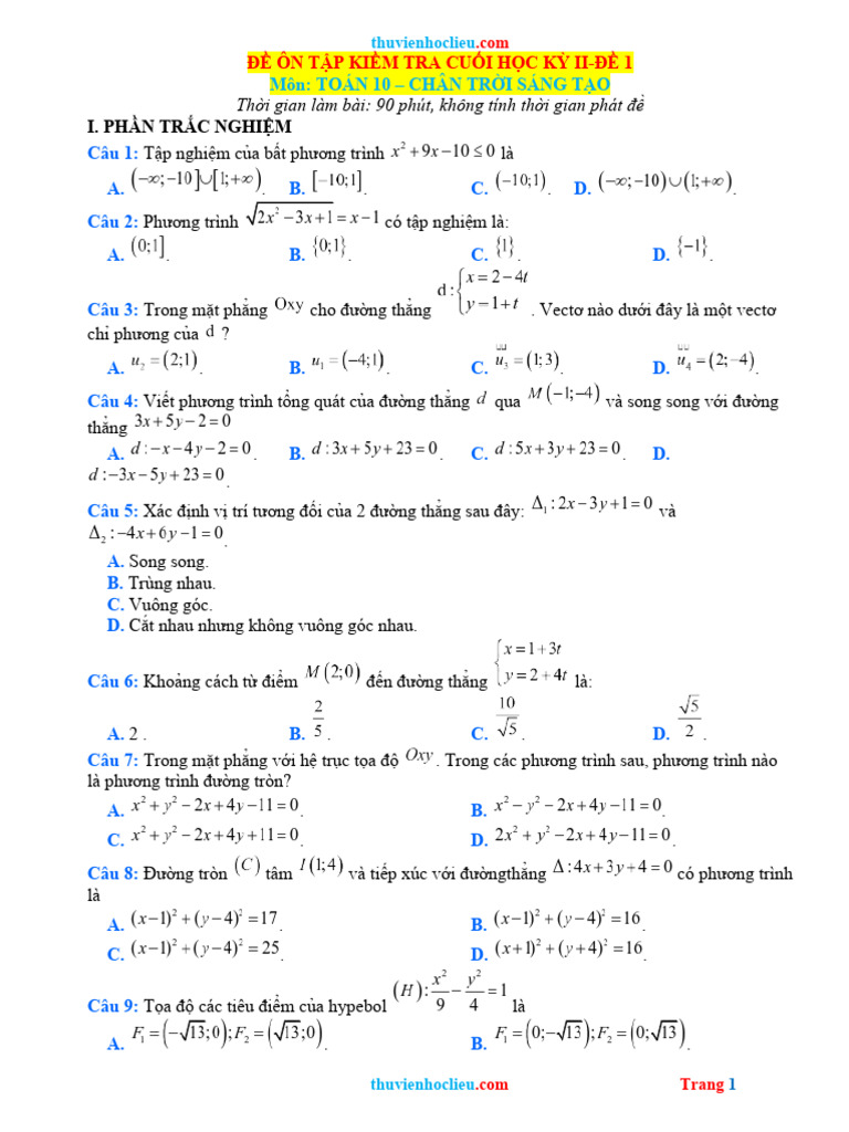 Bo de Thi Hoc Ky 2 Toan 10 CTST Co Dap An Hay | PDF