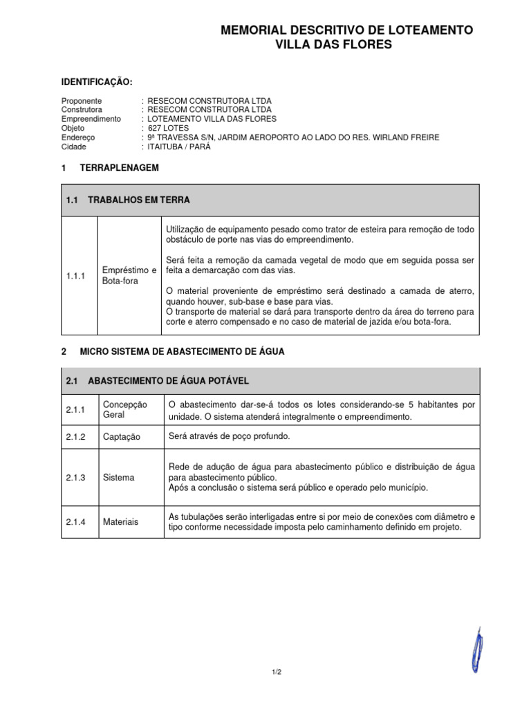 Memorial Descritivo -Especificações-Infra-Estrutura Villa Das Flores | PDF