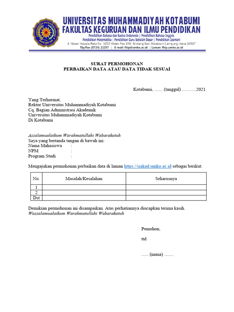 FORMULIR-SURAT-PERMOHONAN-PERBAIKAN-DATA-MAHASISWA-sdh-revisi | PDF