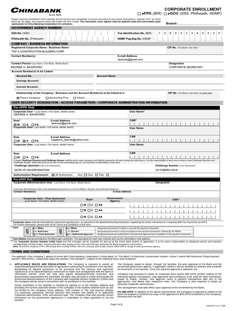 Corporate Enrollment Form for eFPS/eGOV | PDF | Banks | Lawsuit
