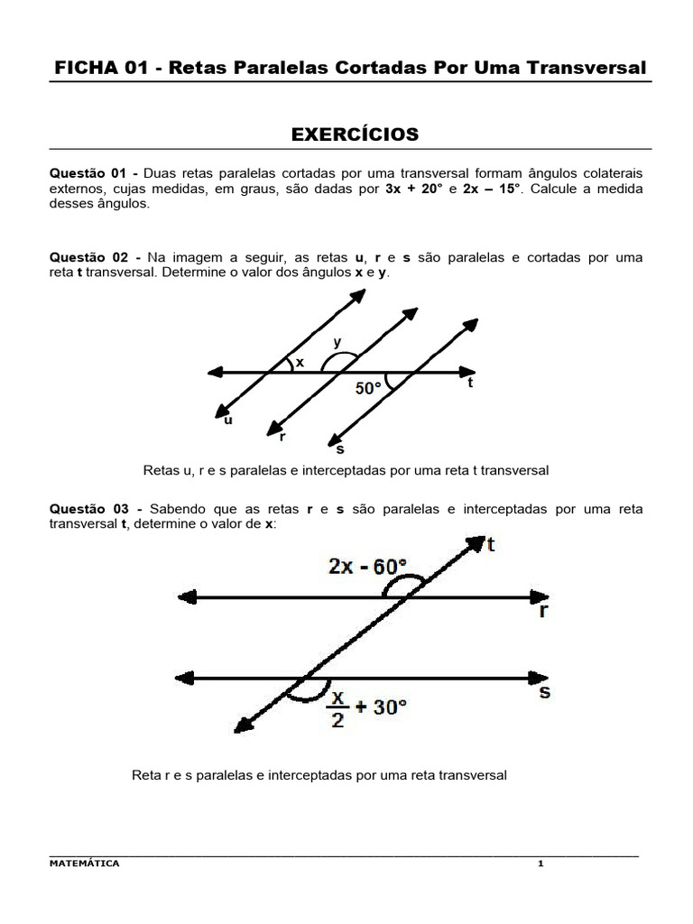 Retas paralelas cortadas por uma transversal ficha 1 pdf