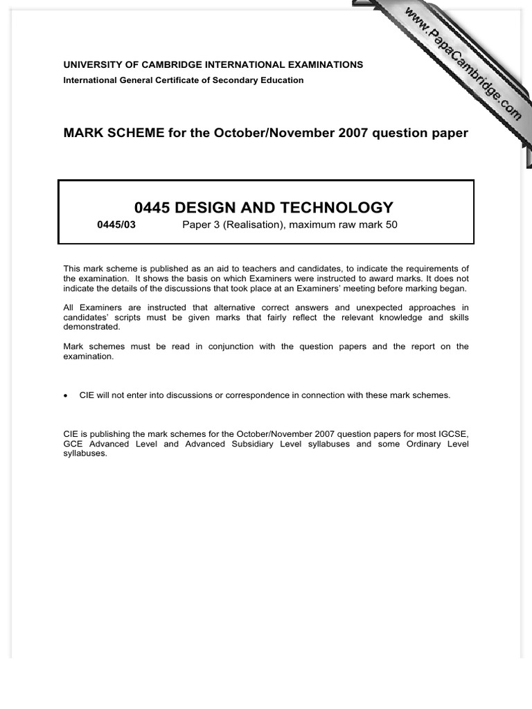 IGCSE Design & Technology Mark Scheme 2007 | PDF