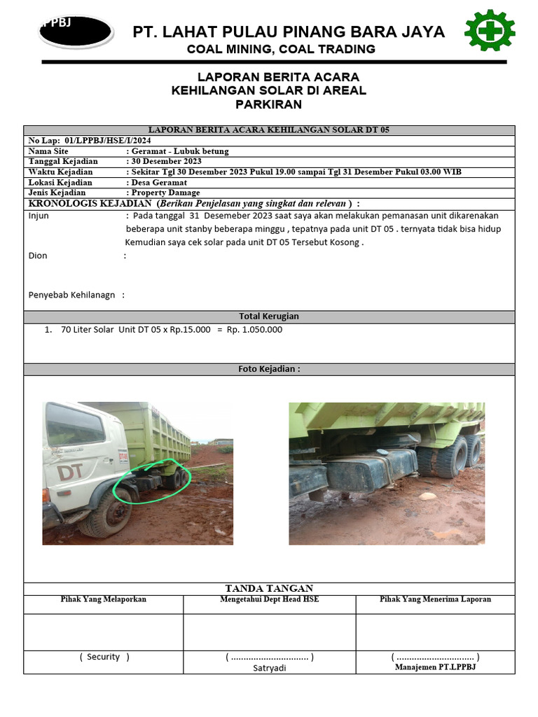 Laporan Kehilangan Solar DT 05 | PDF