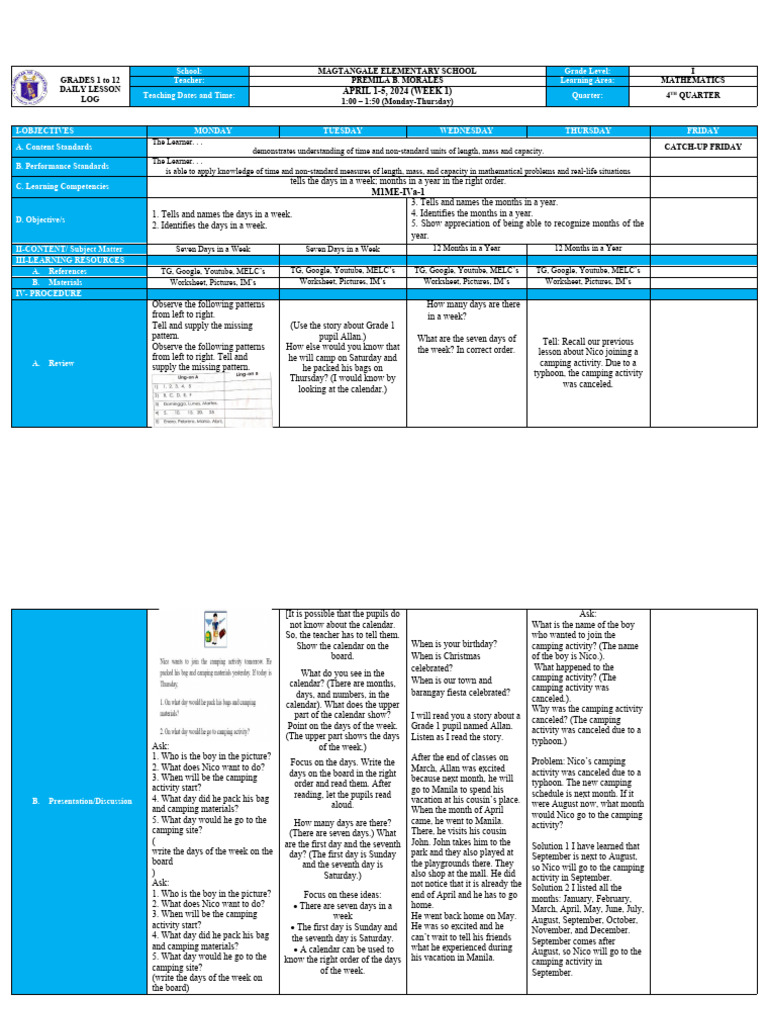 Grade 1 Math Lesson Plan: Time & Calendar | PDF | Learning | Behavior ...