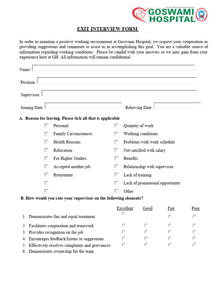 Goswami Hospital Exit Interview Form | PDF | Workplace | Industrial And ...