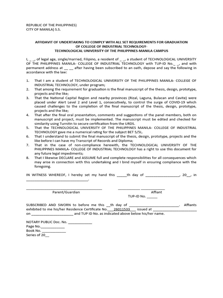 TUP Manila Graduation Compliance Affidavit | PDF | Affidavit | Civil ...