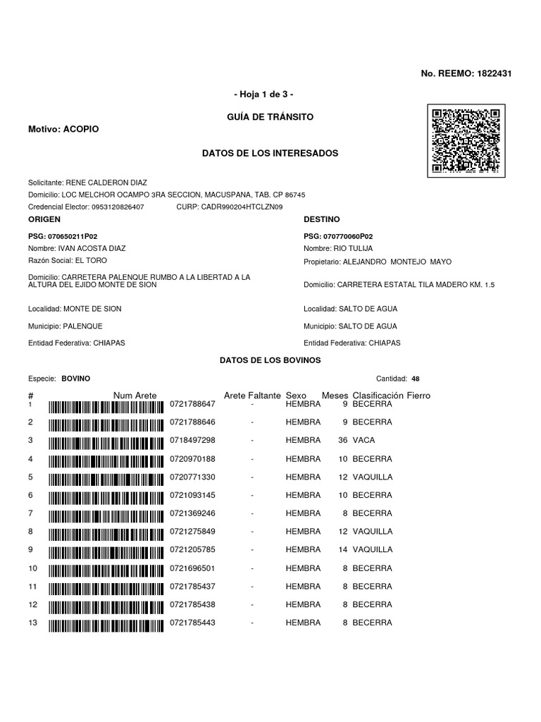 Guía de Tránsito de Bovinos REEMO 1822431 | PDF