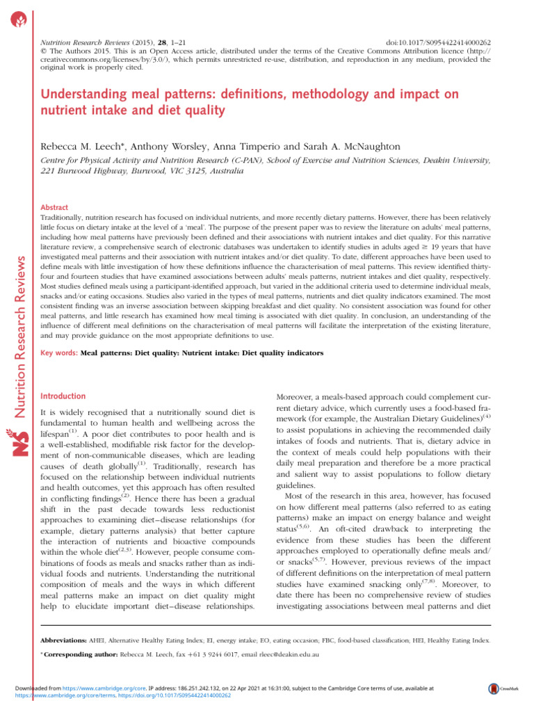Understanding Meal Patterns Definitions Methodology and Impact On ...