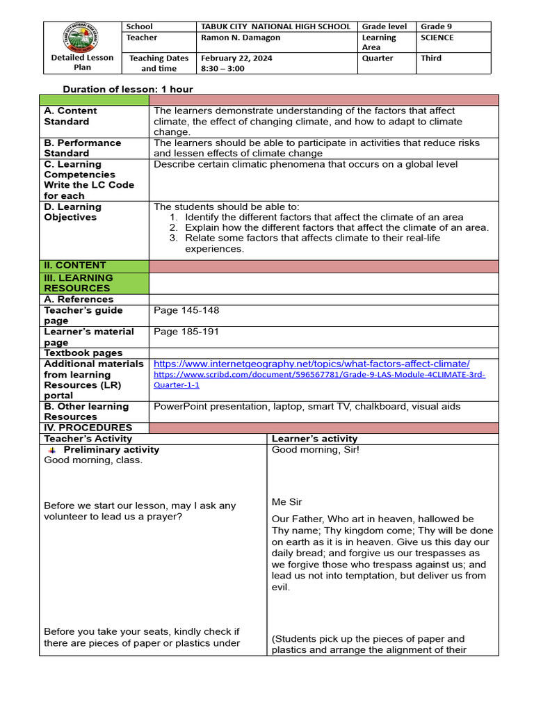 Grade 9 Climate Change Lesson | PDF | Precipitation | Equator