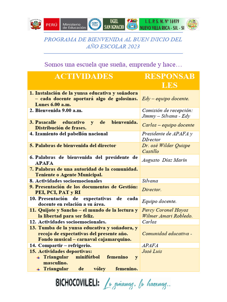 Programa de Bienvenida Al Buen Inicio Del Año Escolar 2023 | PDF ...