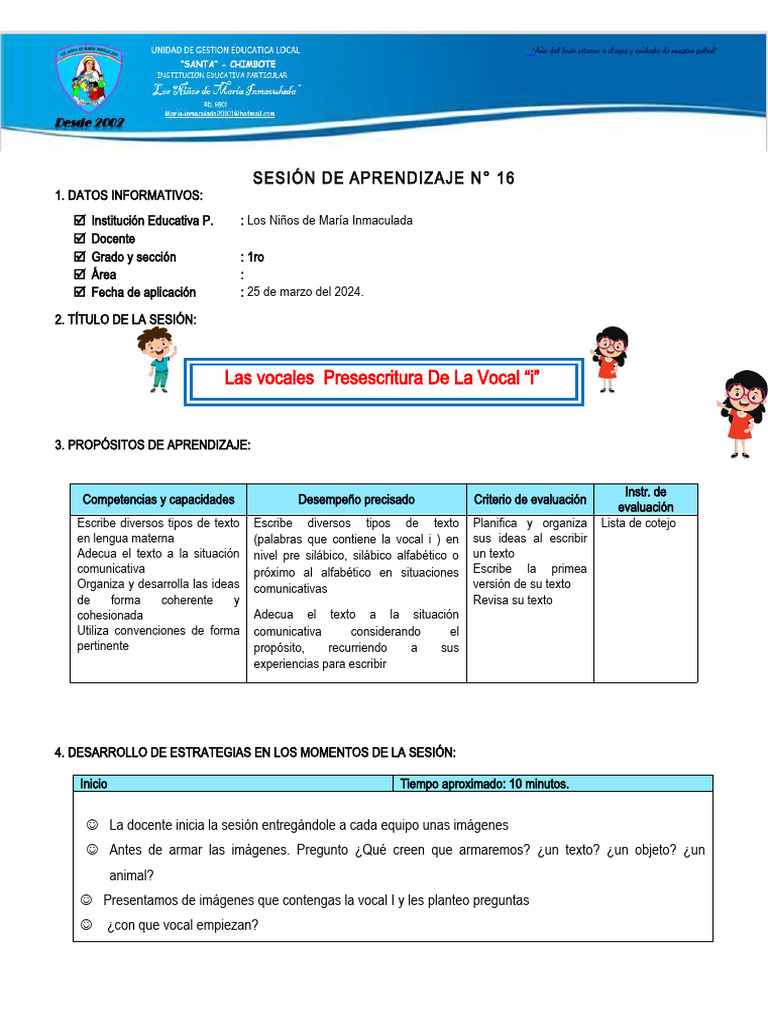 Sesión de Aprendizaje Vocal I | Descargar gratis PDF | Evaluación ...