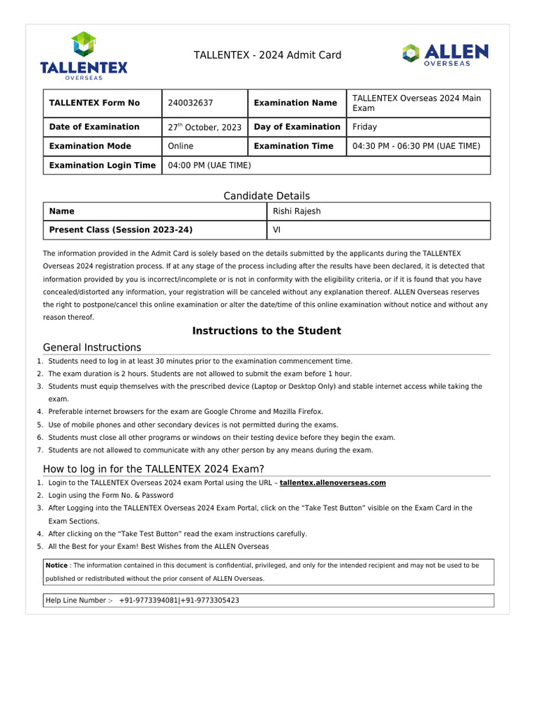 TALLENTEX 2024 Admit Card Instructions | PDF | Login | Cyberspace
