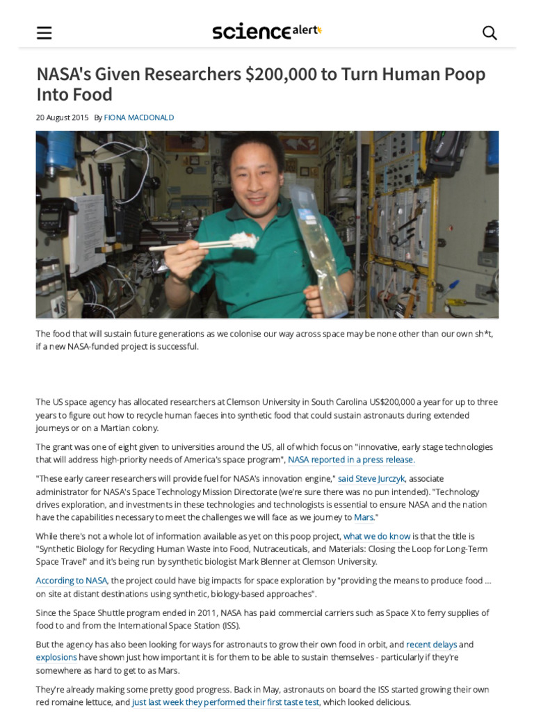 NASA's Given Researchers 200,000 To Turn Human Poop Into Food