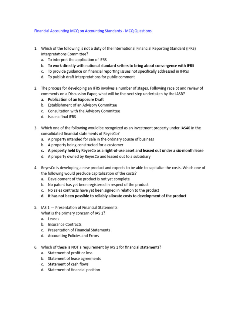 Financial Accounting MCQs: IFRS Standards | PDF | International ...