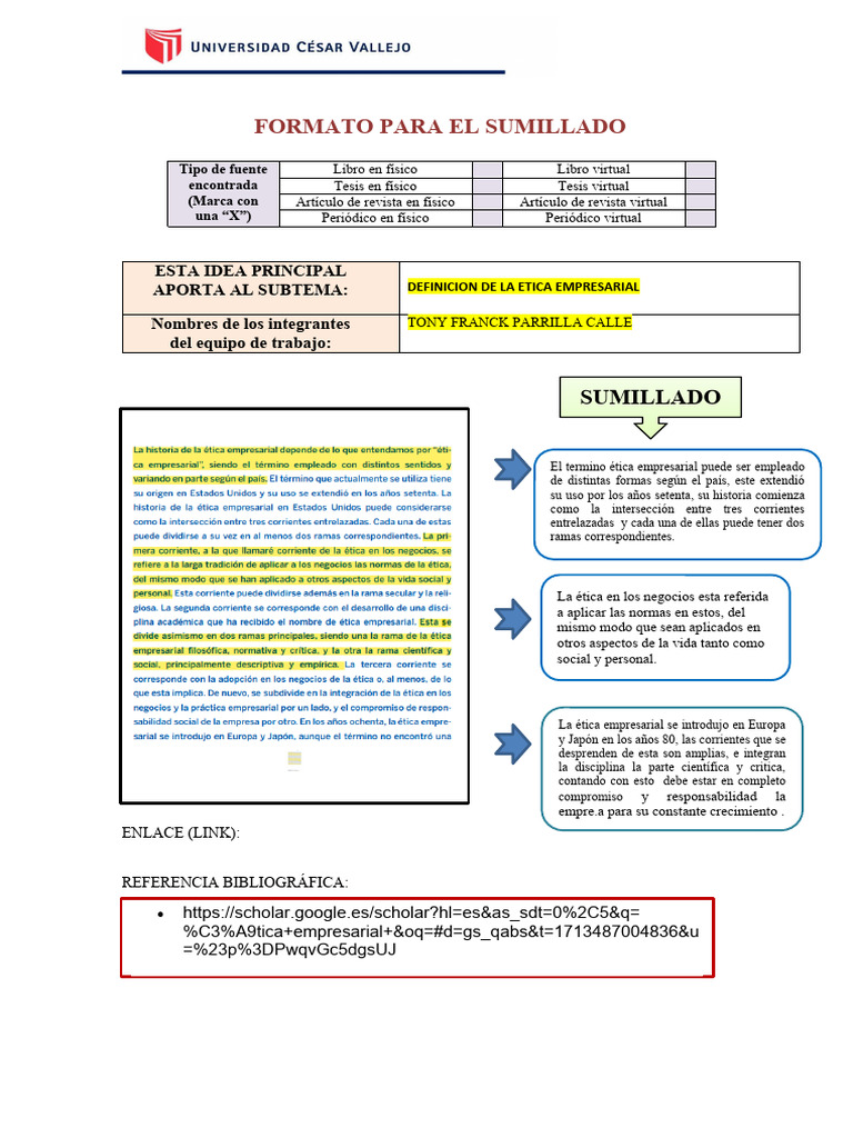 Formato de Sumillado Definicion de Etica Empresarial | PDF | Educación ...