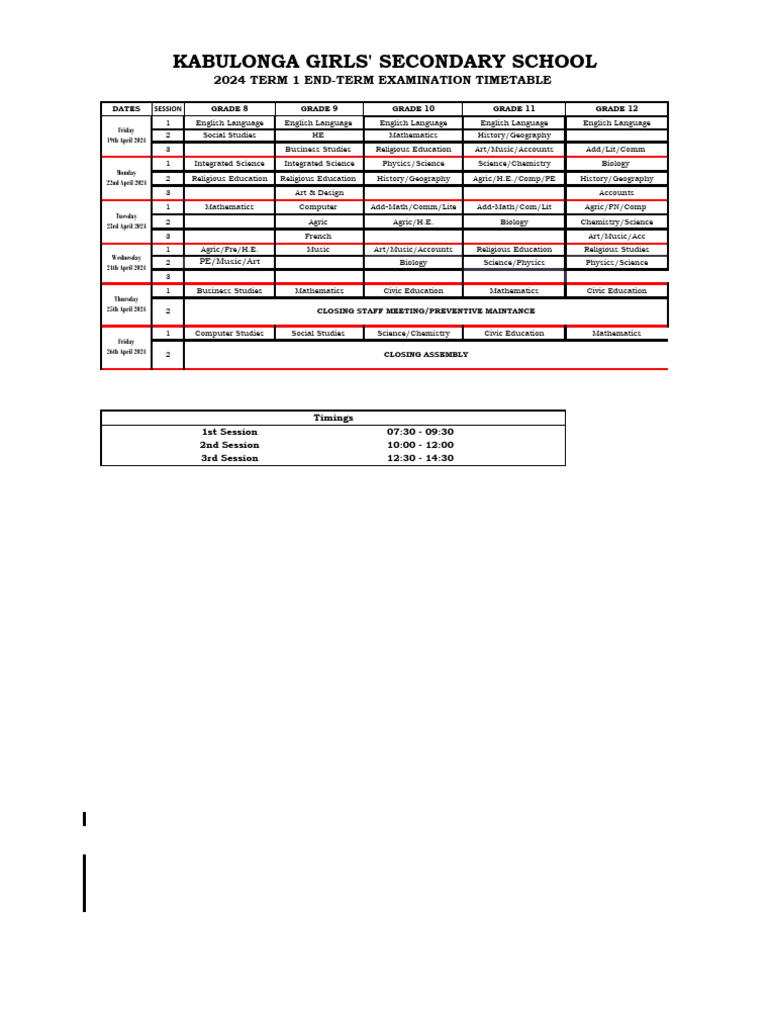 Term 1 Exam Timetable 2024 | PDF | Educational Years | Adolescence