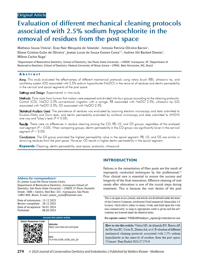 Evaluation of Different Mechanical Cleaning Protocols Associated With 2 ...
