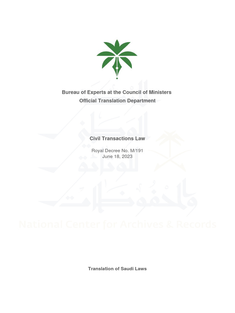 Saudi Civil Transactions Law Overview | PDF | Offer And Acceptance ...