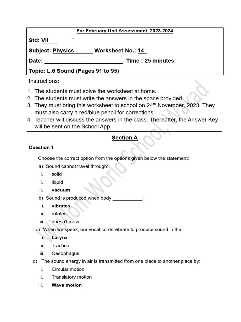 Class 7 Physics Worksheet: Sound | PDF | Sound | String Instruments