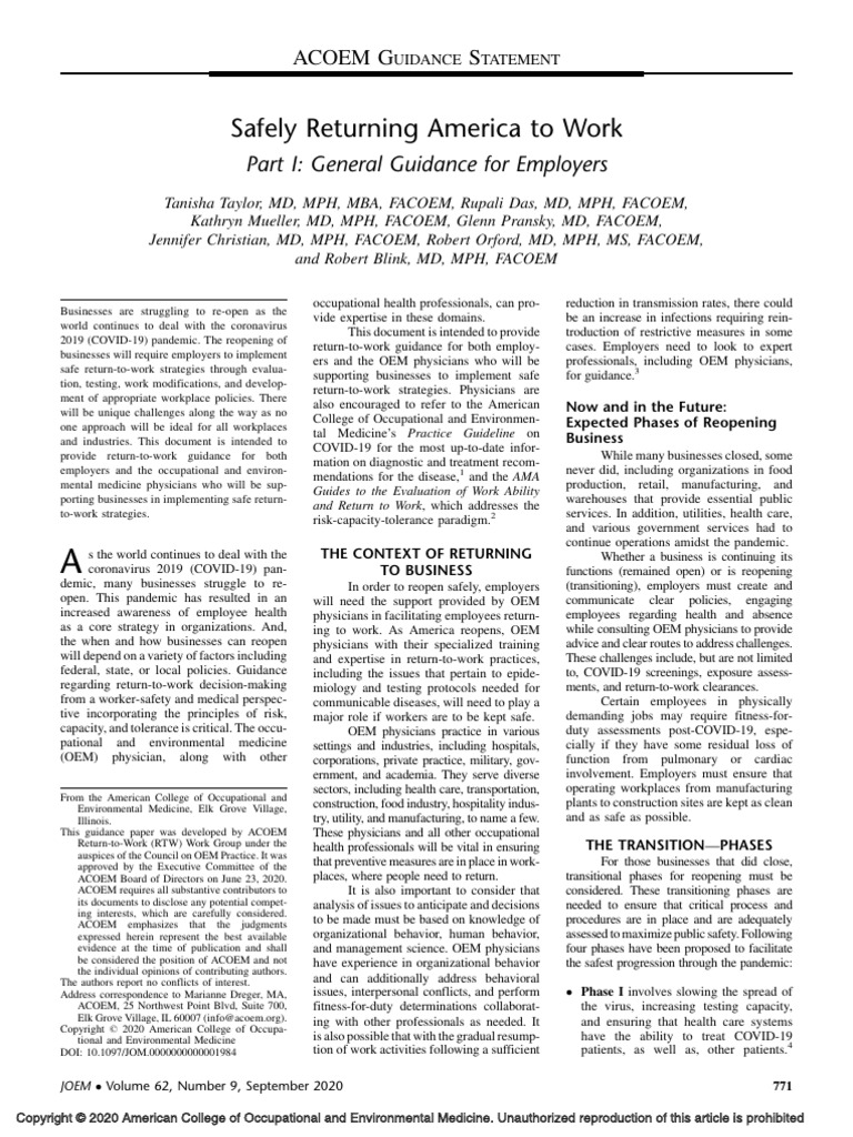 ACOEM Safety Return To Work | PDF | Occupational Safety And Health ...