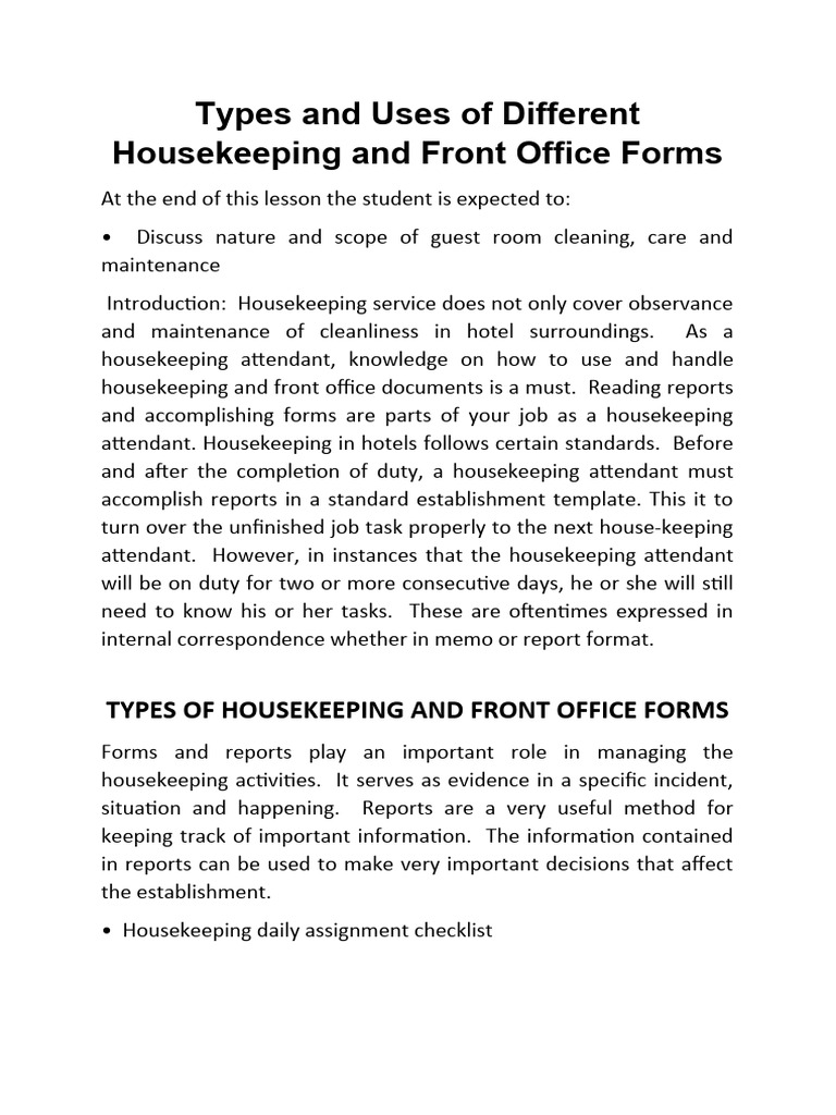 Types and Uses of Different Housekeeping and Front Office Forms PDF