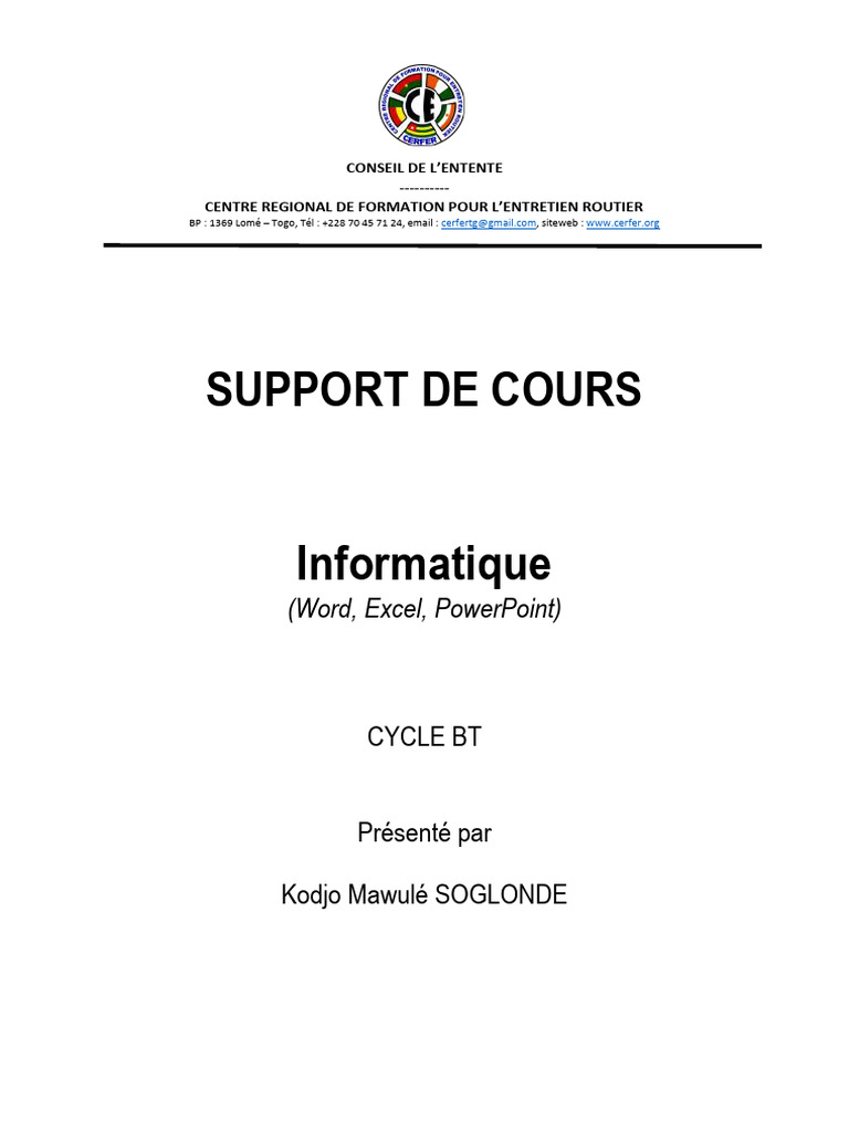 Support de Cours Informatique BT | PDF | Microsoft Word | Microsoft Excel