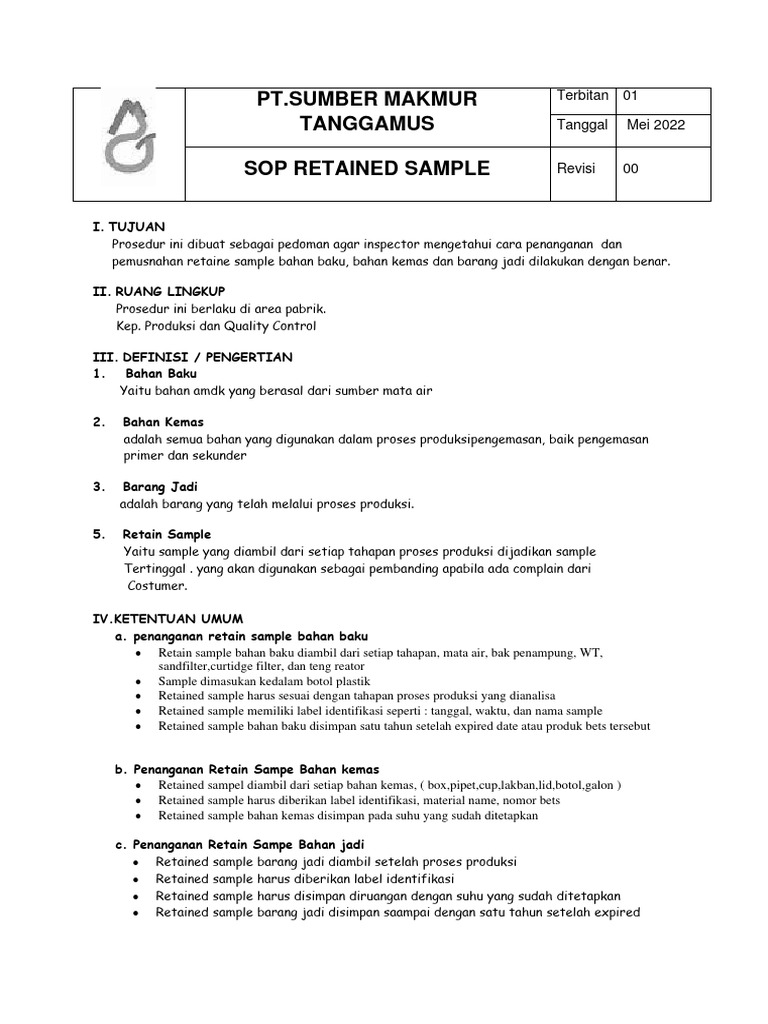 Prosedur Penanganan Retained Sample | PDF | Bisnis | Teknologi & Rekayasa