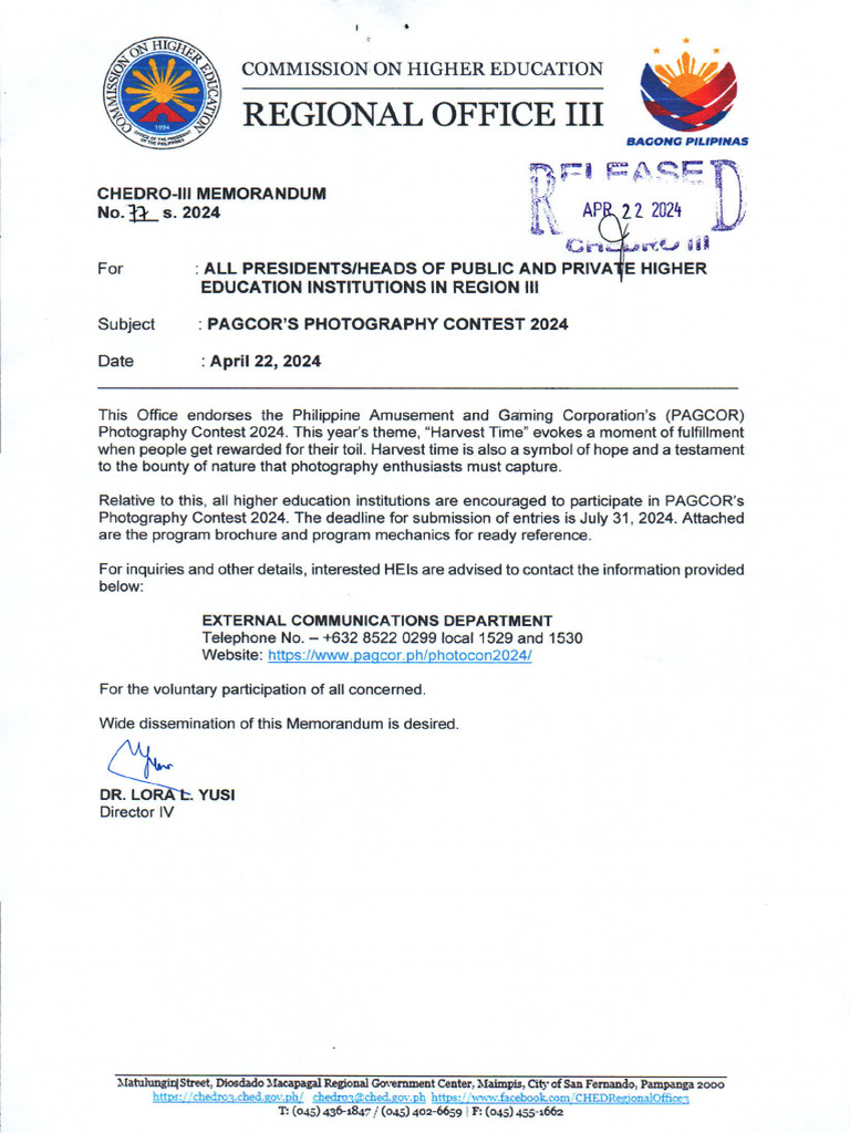 CHEDROIII Memo No. 077, s.2024 Pagcor Photography Contest PDF