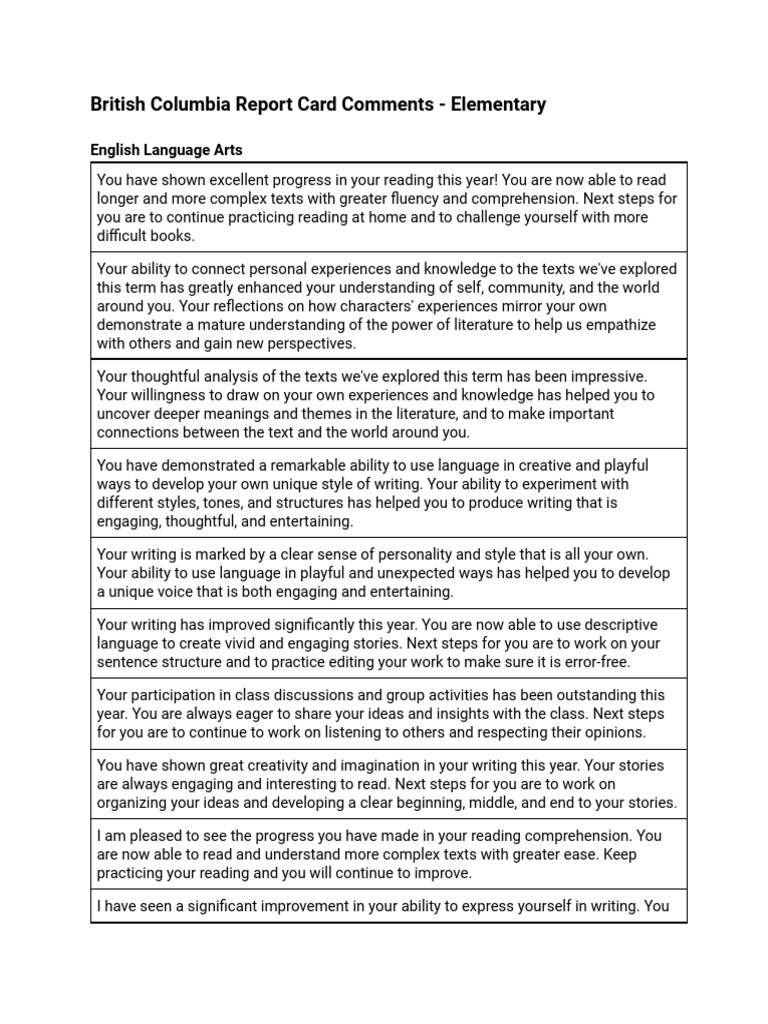 British Columbia Report Card Comments - Elementary | PDF | Mathematics ...