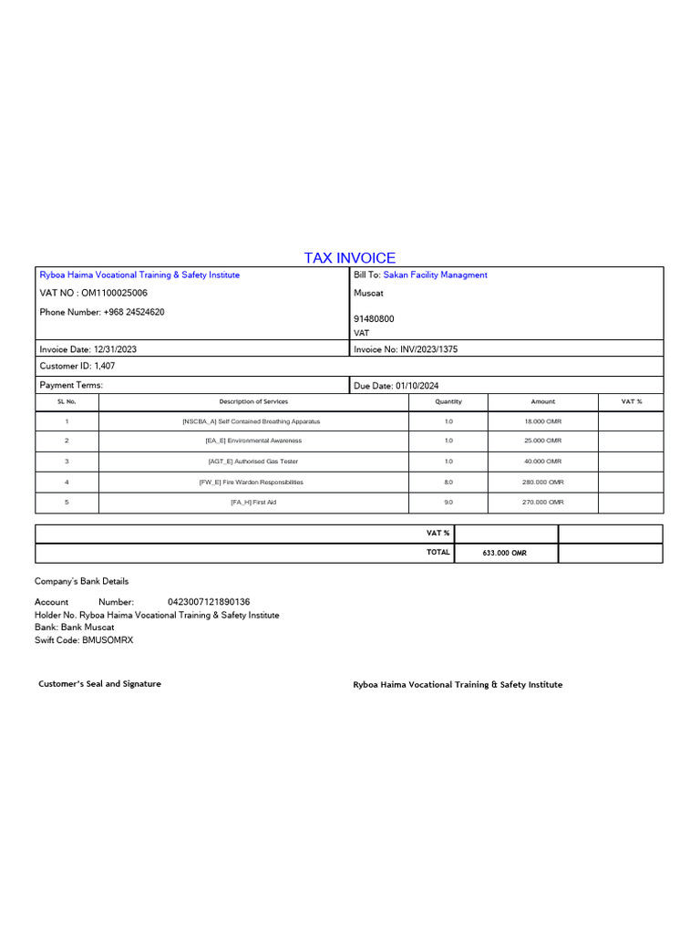 Tax Invoice for Safety Training Services | PDF | Finance & Money Management