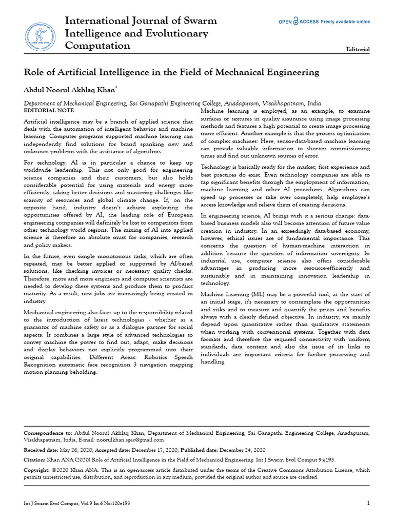 Role of Artificial Intelligence in The Field of Mechanical Engineering ...
