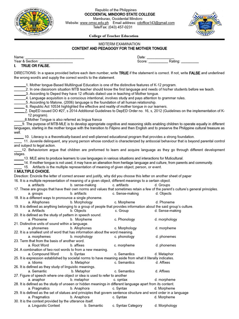 Midterm Exam W Tos PDF Word Morphology (Linguistics)