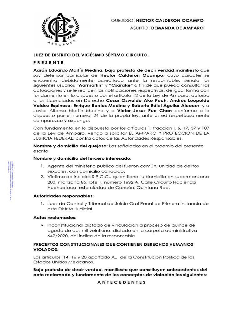 Demanda de Amparo por Violación a Proceso | PDF | Violación | Derechos ...