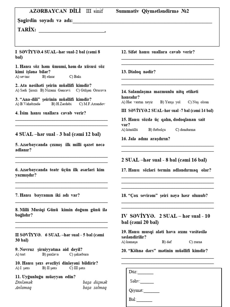 azərbaycan dili 3 sinif testleri