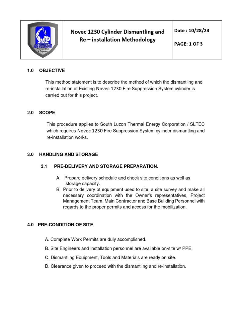 Novec 1230 Cylinder Handling Procedure | PDF | Pipe (Fluid Conveyance ...