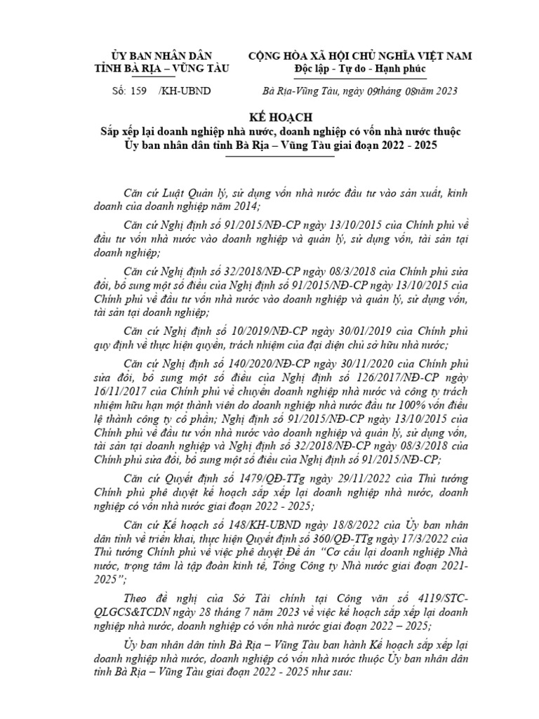 Ke hoach 159 kh ubnd vung tau 2023 sap xep lai doanh nghiep nha nuoc
